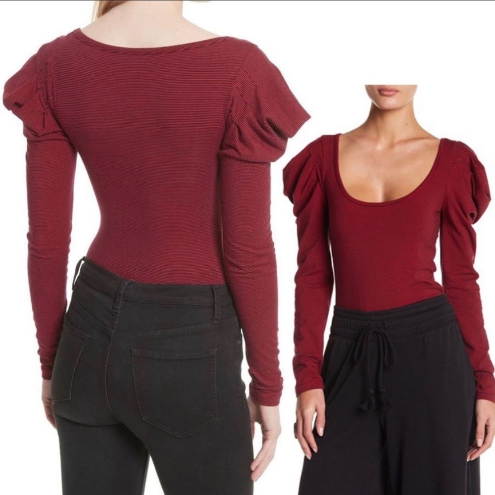 Free People Red & Black Striped Long Sleeve Top